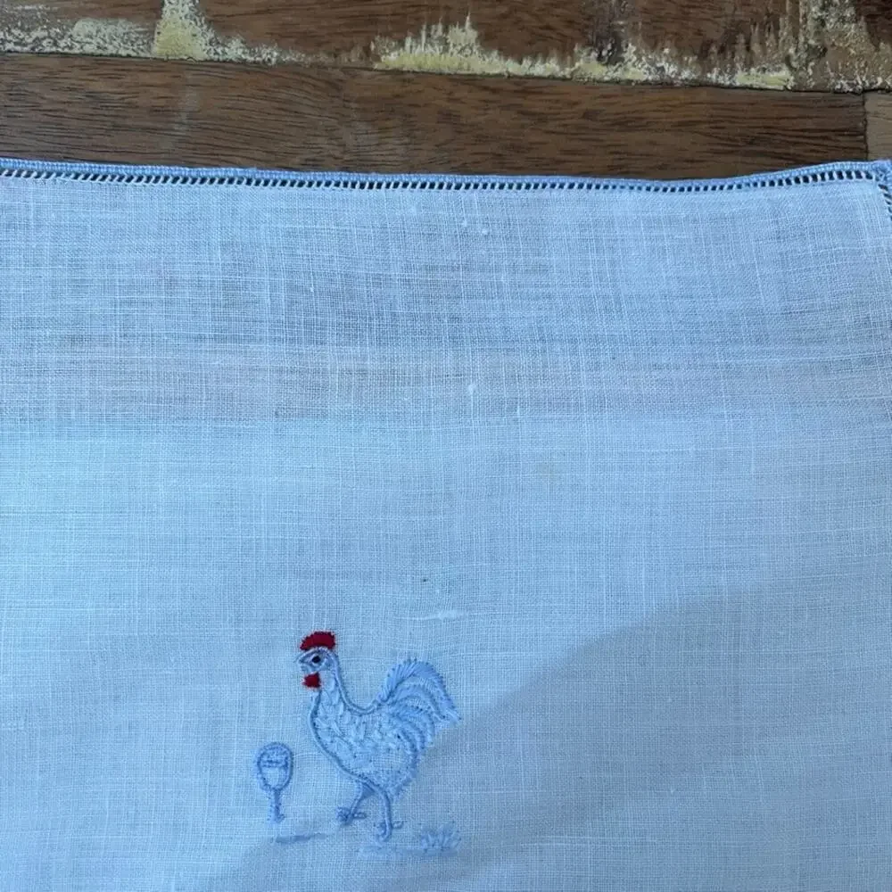 Madeira Linen Cocktail Napkins Set of 16 Hand-Embroidered Blue Rooster Drink